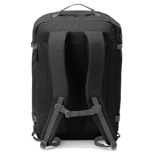 A black travel backpack with padded shoulder straps, featuring a sleek design and various adjustable straps.