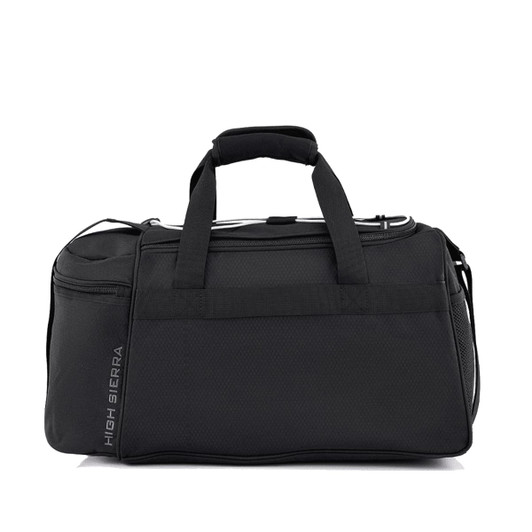 A black travel duffel bag with dual handles, a detachable shoulder strap, and a logo on the side.