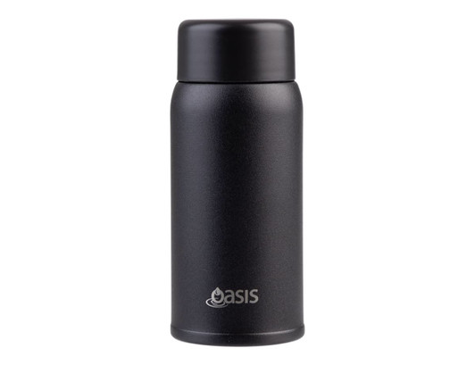 A drink bottle in matte black, featuring a rounded design and a logo on the front.