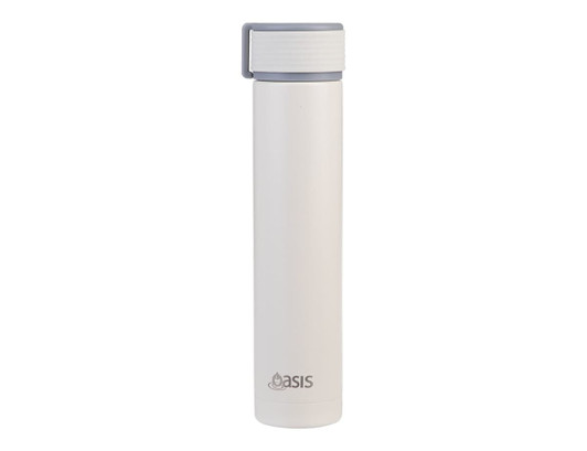 A drink bottle in white with a grey lid and a logo. It features an insulated, slim design for easy handling.