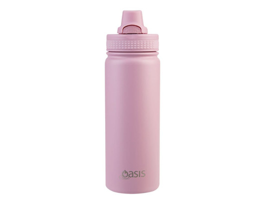 A drink bottle with a quick release cap, featuring a pink finish and a logo on the front.