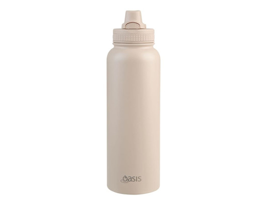 A drink bottle in a light beige colour with a quick release cap and a logo on the front.