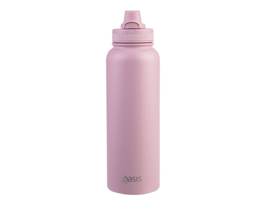 A drink bottle in light pink with a quick-release cap and a logo on the front.