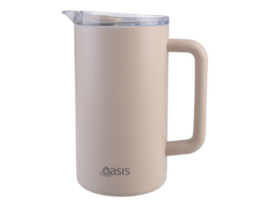 A drink bottle in a soft beige colour with a clear lid and a sturdy handle, featuring a brand logo.