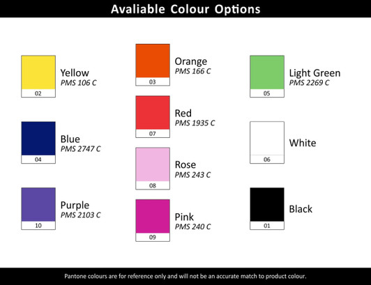 A colour chart featuring options for a stylus pen, including yellow, orange, light green, blue, red, rose, purple, pink, black, and white.