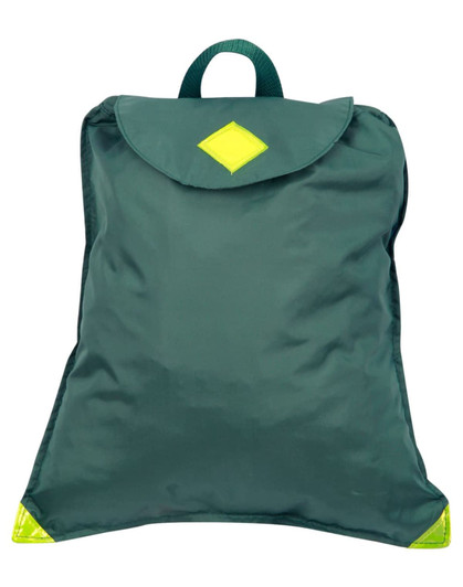 A green excursion bag with a fold-over flap and reflective yellow accents on the corners. It features a top handle.