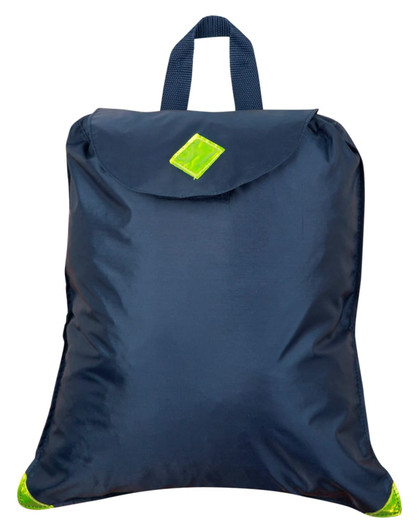 A navy blue excursion bag with a green accent, featuring a simple flap closure and a top handle.