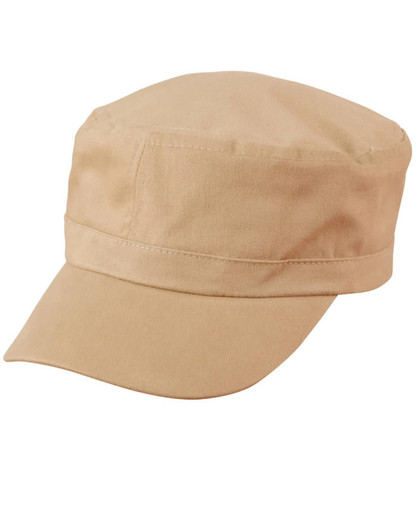 A military cap in a light beige colour with a flat brim and side detailing. It features a logo on the front.