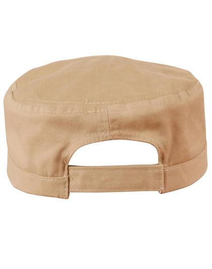 A military cap in a khaki colour, featuring a flat top and an adjustable strap at the back. It has a logo.