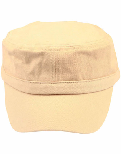 A military cap in a light beige colour, featuring a structured design and a logo on the front.