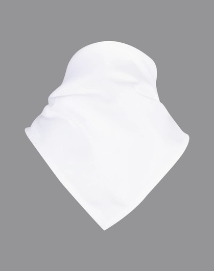 A white chef's scarf with a triangular shape, designed for clothing accessories. It features a logo.