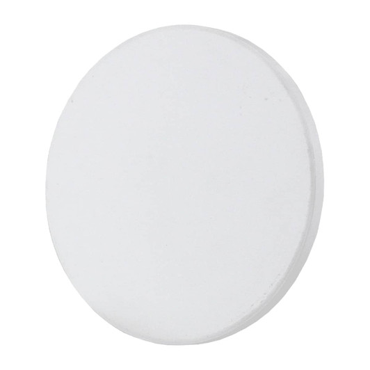A circular white ceramic coaster featuring a smooth surface and a slightly raised edge.