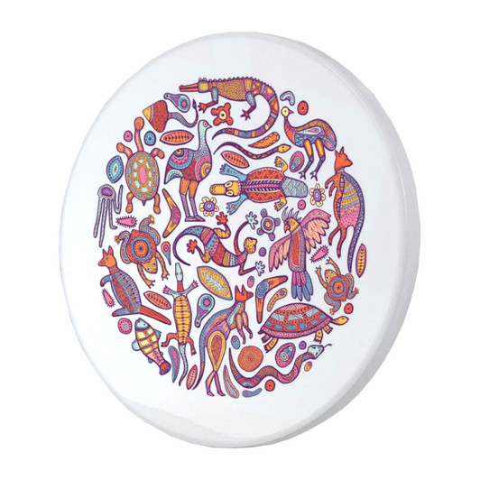 A circular ceramic coaster featuring vibrant, multicoloured Aboriginal-inspired designs of various animals.