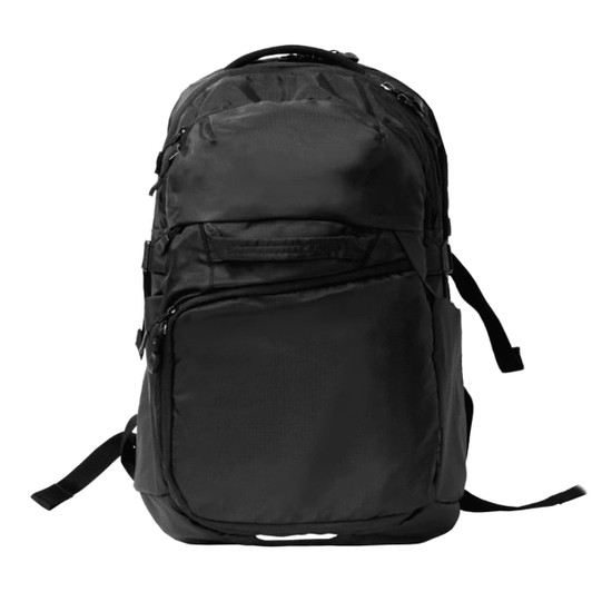 A black computer backpack with multiple compartments and a logo, designed for outdoor use.