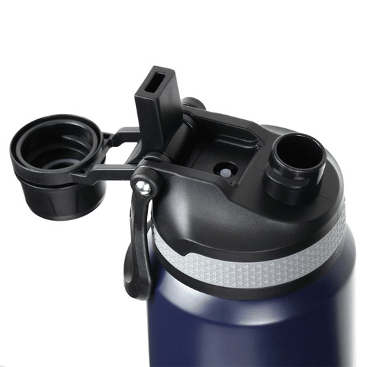 A drink bottle in navy blue with a black lid and a removable cup, featuring a logo.