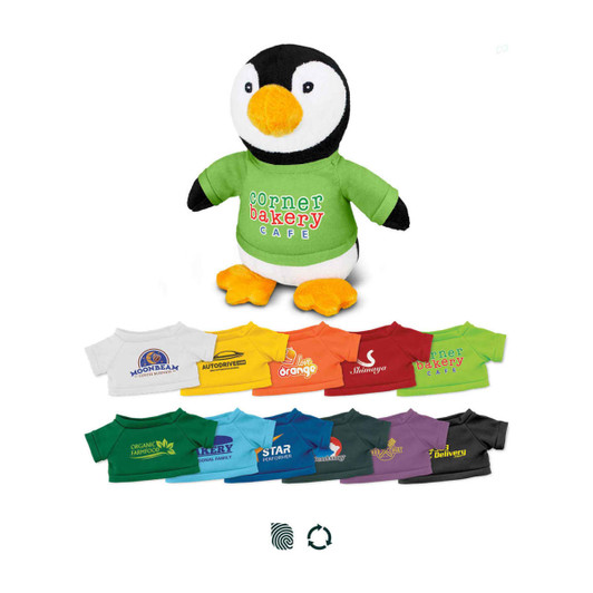 A plush penguin toy with a black and white body, orange beak, and a green shirt featuring a logo.