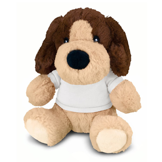 A brown and tan plush dog toy with a white T-shirt, featuring soft fur and large floppy ears.