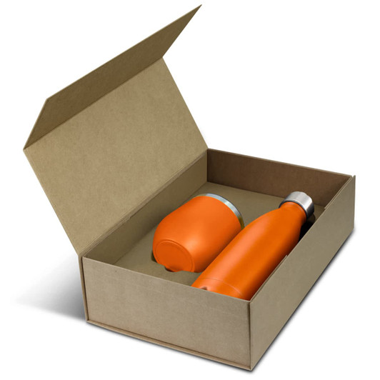 An orange drink bottle and cup in a cardboard gift box, featuring an unbranded logo.