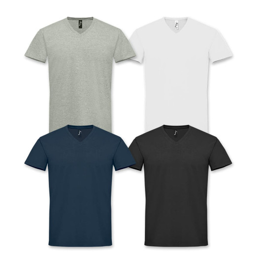 Four SOLS Imperial Men's V Neck T-Shirts in light grey, white, dark teal, and black, each featuring a logo.