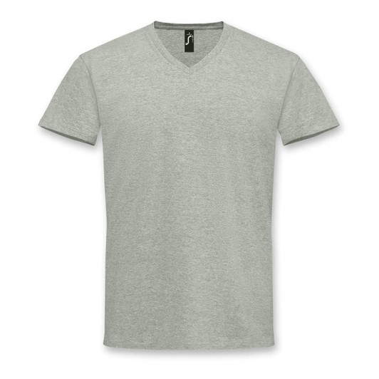 A light grey men's V-neck T-shirt featuring a logo on the label, displayed flat.