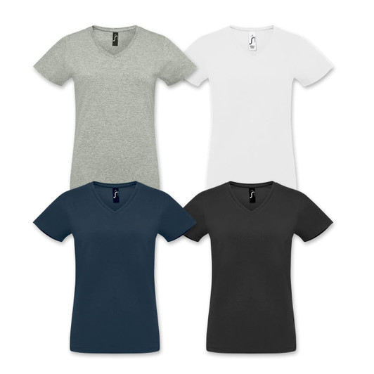 A collection of four SOLS Imperial Women's V Neck T-Shirts in grey, white, navy, and black, featuring a label and a logo.