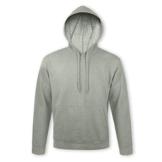 A light green hooded sweatshirt with a front pouch pocket and a drawstring hood. It features a logo.