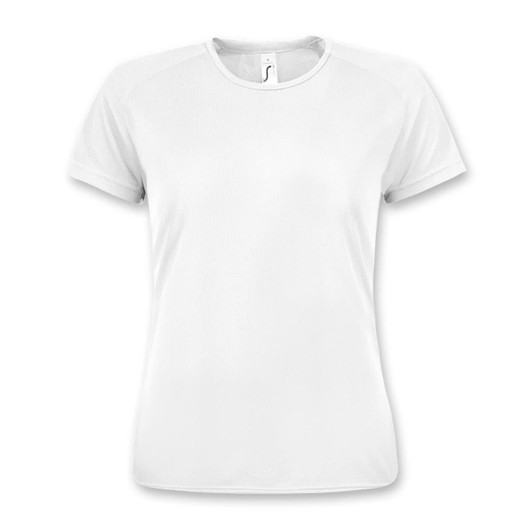 A white sporty women's T-shirt with a breathable mesh design and a logo on the neckline.