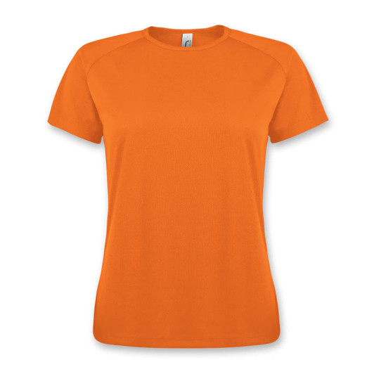 An orange sporty women's T-shirt with a round neck and short sleeves, featuring a logo.