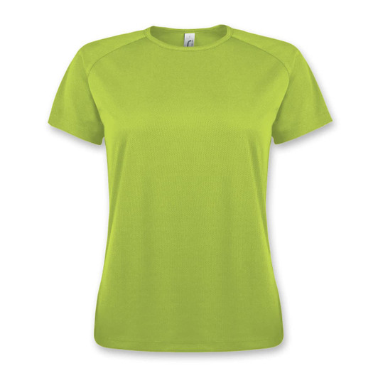 A bright green women's T-shirt with short sleeves and a round neckline. It features a logo on the front.