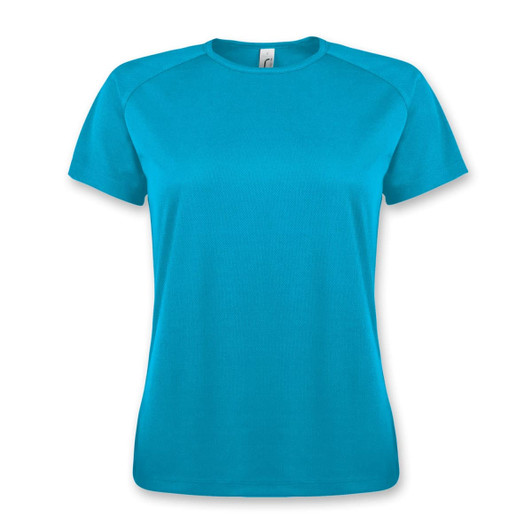 A turquoise women's T-shirt with short sleeves and a crew neckline, featuring a logo.