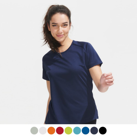 A sporty women's T-shirt in navy blue with a round neckline and short sleeves. Features a logo.