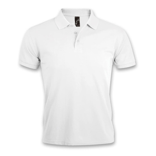 A white men's polo shirt with a classic collar and three-button placket, featuring a logo on the tag.