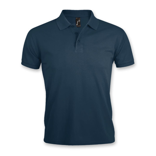 A navy men's polo shirt with a classic collar and short sleeves, featuring a logo on the upper left.
