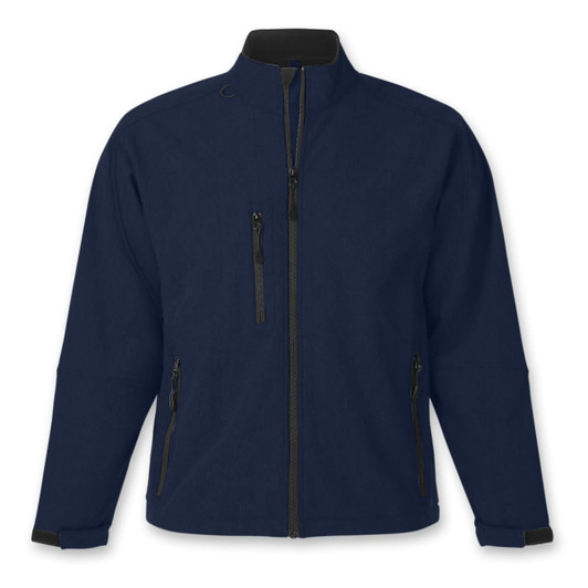 A navy softshell jacket with a high collar and multiple zippered pockets, featuring a logo.