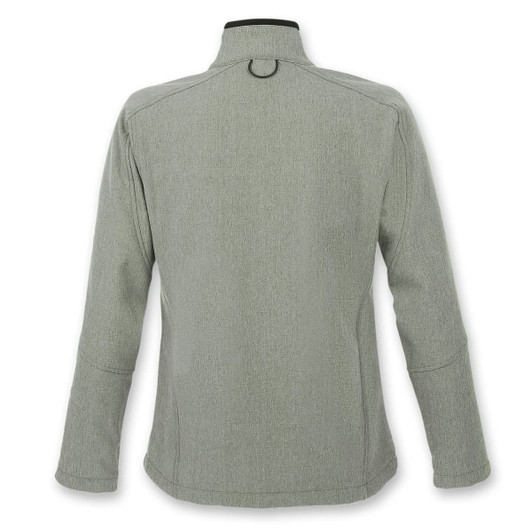 A women's softshell jacket in a muted green tone, featuring a high collar and a simple design, with a branding logo.