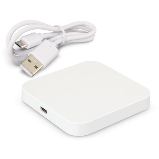 A square white wireless charger with a USB cable. The charger has a sleek design and a simple appearance.