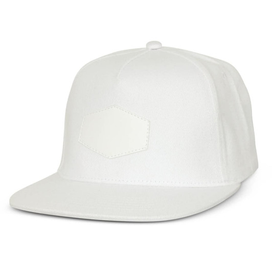 A white flat peak cap with a patch on the front and a logo on the side.