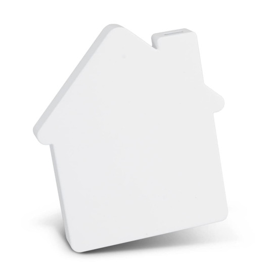 A white wireless charger shaped like a house, featuring a slot for a charging cable and a smooth finish.