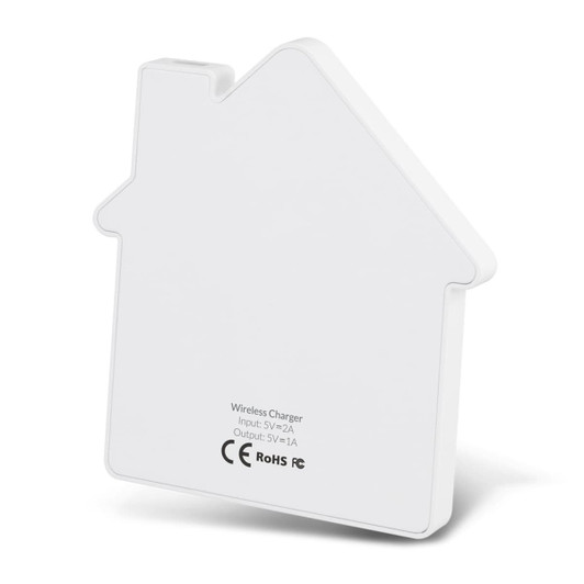 A white wireless charger shaped like a house, featuring a logo and regulatory information on the bottom.