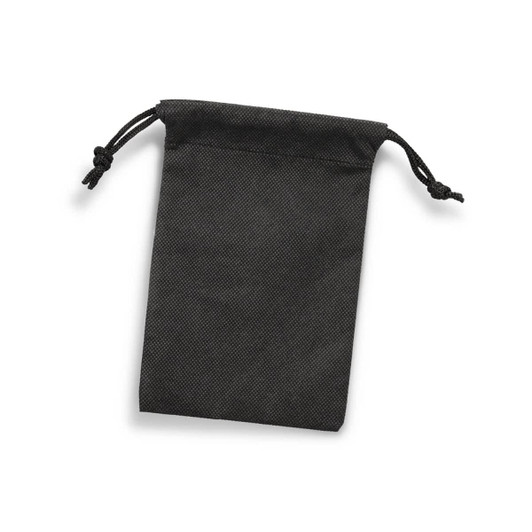 A small black drawstring gift bag with a textured surface and ties at the top.