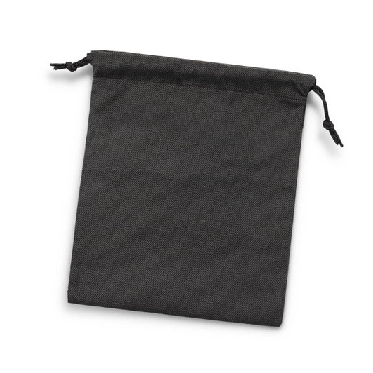 A medium drawstring gift bag in black fabric with a textured pattern and two drawstrings for closure.