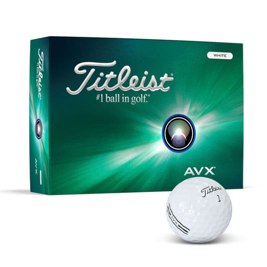 A white Titleist AVX golf ball next to its green and blue packaging featuring a logo.