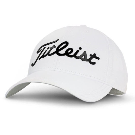 A white golf cap featuring a branded logo on the front, designed for performance and style.