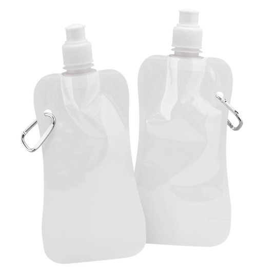 A drink bottle in clear plastic, featuring a removable cap and a metal attachment loop. Two bottles are displayed.