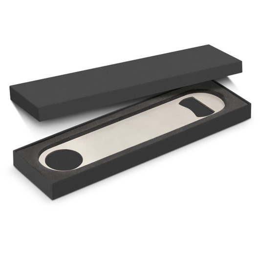 A drink bottle opener in silver metal, presented in a sleek black gift box. The box is open, revealing the product inside.