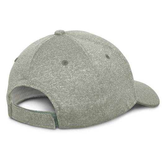 A green cap with a textured finish, featuring a curved peak and an adjustable strap at the back.