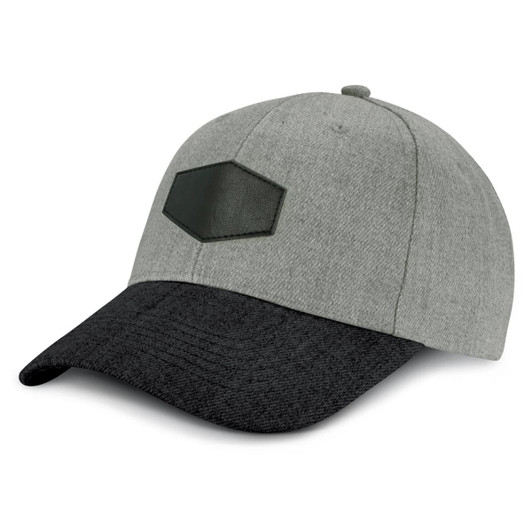 A grey cap with a black peak and a patch on the front. It features a curved brim and is a fitted design.