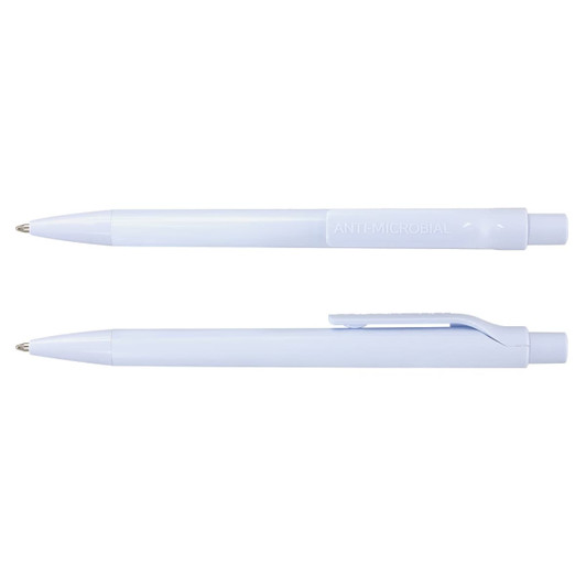 A light blue plastic anti-microbial pen with a clip. Features a sleek, smooth design and has a branding logo.