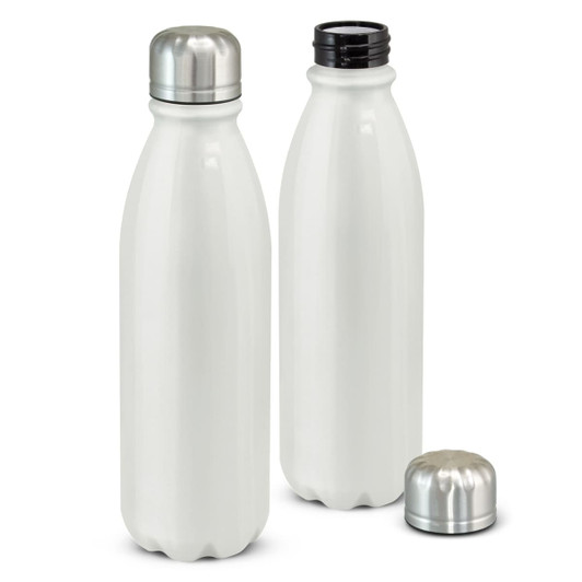 A drink bottle in a sleek white finish, featuring a metallic cap and a black threaded neck. One bottle is shown with the cap off.