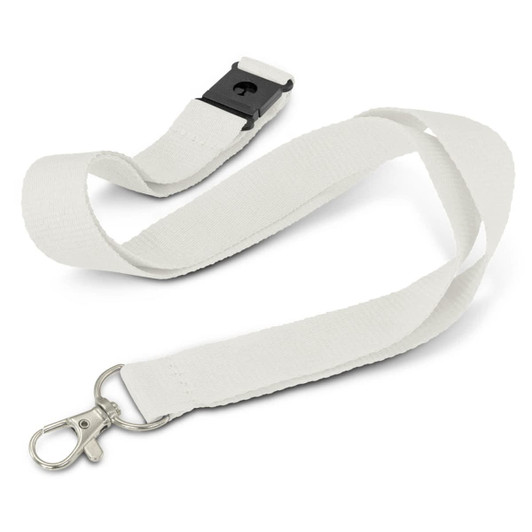 A white glow-in-the-dark lanyard with a black clip and a metal hook for attaching items.